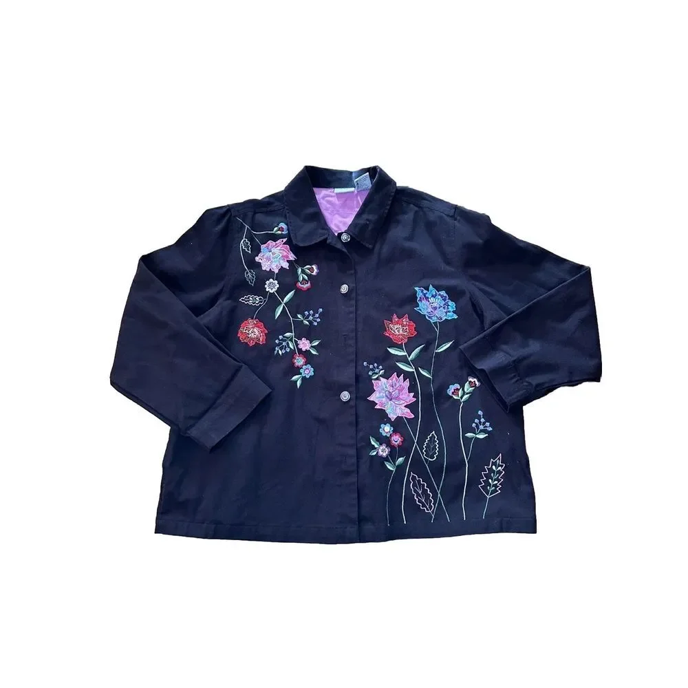 White Stag Womens Black Long Sleeve‎ Collared Embroidered Jacket Size XL (16/18)